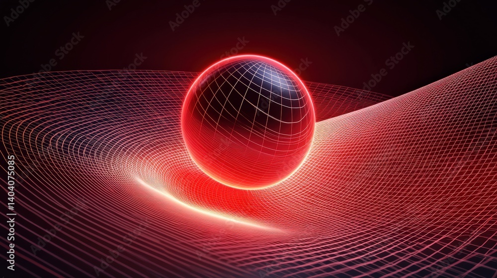 Aufkleber a glowing red sphere with a grid pattern rolls down a wavy surface in a futuristic digital landscape