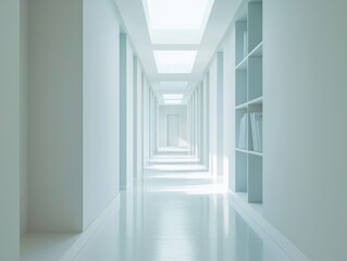 Fototapeta premium A pristine, white hallway stretches into the distance, bathed in natural light from overhead windows, creating a serene architectural space.
