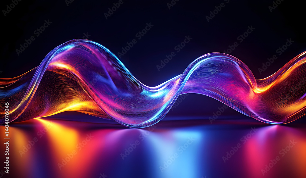 Poster 3d abstract liquid glass ribbon wave line with neon light on dark background. fluid flow curve shape