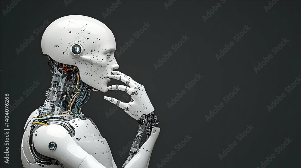 Poster artificial intelligence robot profile posing with thinking expression against gray background