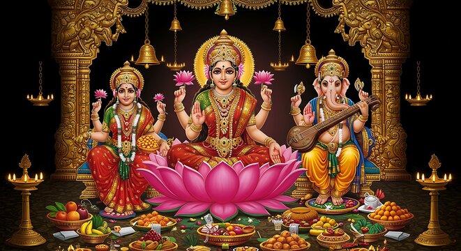 Detailed depiction of Hindu deities Lakshmi, Saraswati and Ganesha in gold d?cor