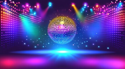 Colorful disco scene featuring a dazzling mirror ball under vibrant stage lights with a lively atmosphere