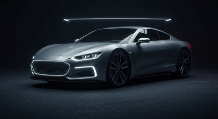 Dynamic future car with bold body lines and gas-powered engine, open space left for copy.