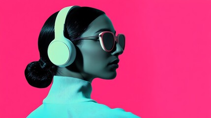 Woman listening to music, vibrant style, trendy fashion