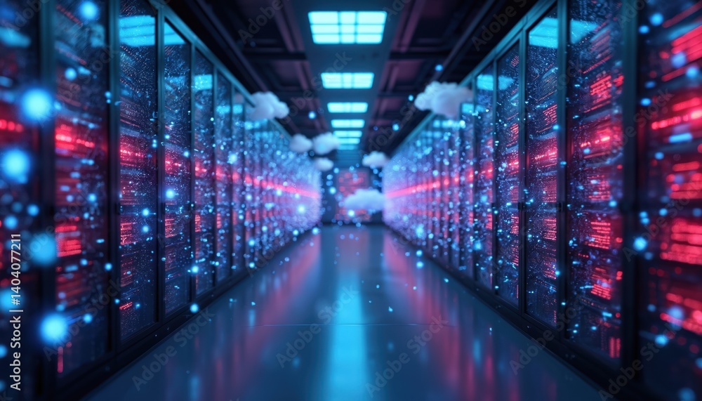 Poster Futuristic server room with cloud storage data. Data center with secure network cyberspace infrastructure. Digital data protection concept, cloud computing technology. Safe access, backup, data