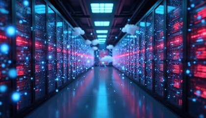 Futuristic server room with cloud storage data. Data center with secure network cyberspace infrastructure. Digital data protection concept, cloud computing technology. Safe access, backup, data