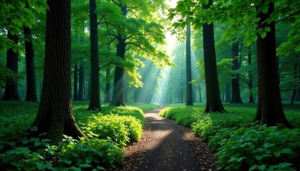 Fototapeta premium Secluded forest path with dense foliage and towering trees, woods, solitude, nature