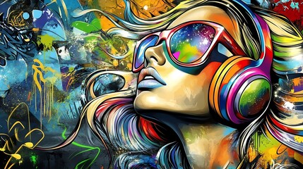 Woman listening to music with colorful art background