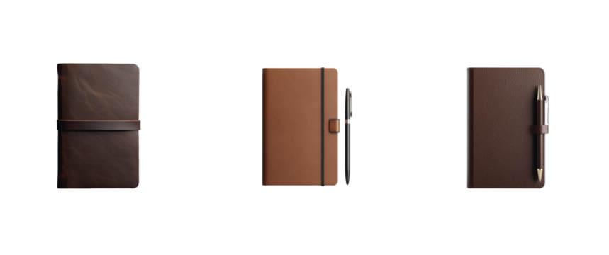 Elegant leather notebook covers displayed with secure strap