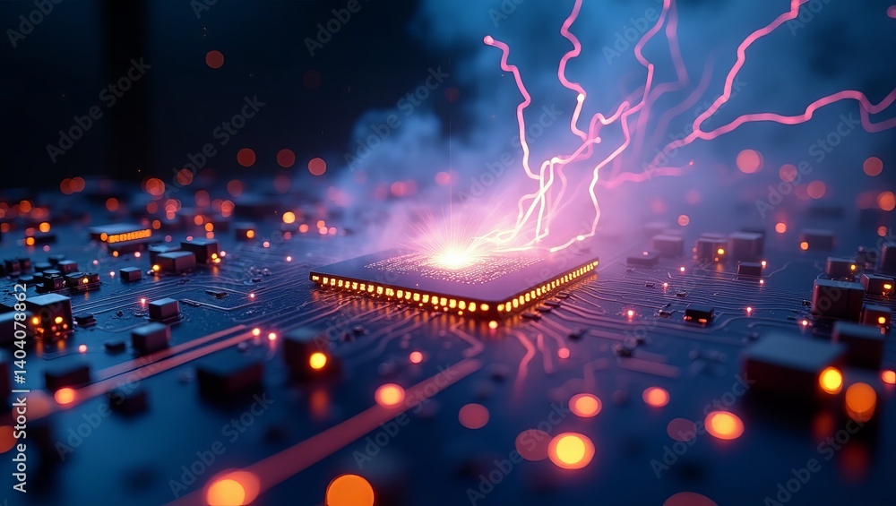 Poster high tech cpu processor chip with lightning and circuit board for technology and engineering design