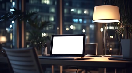 Night office workspace with laptop and lamp