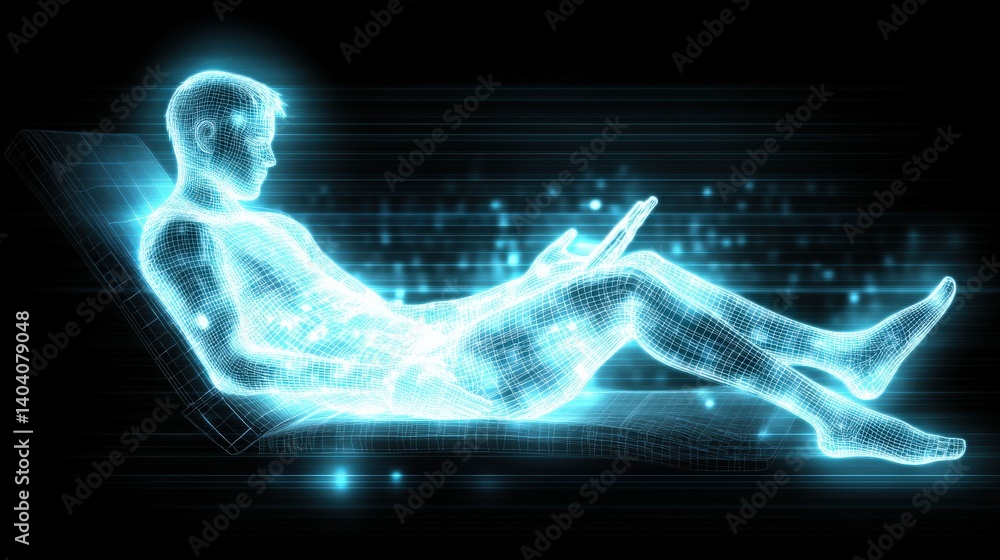 Poster futuristic human figure interacting with a digital tablet while reclining in a high-tech setting