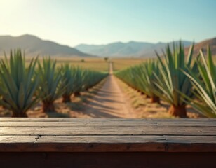 Wooden empty table for product placement with agave plants field. Background for tequila production, agriculture. Copy space for advertising, promotion, alcohol drinks, harvest theme.