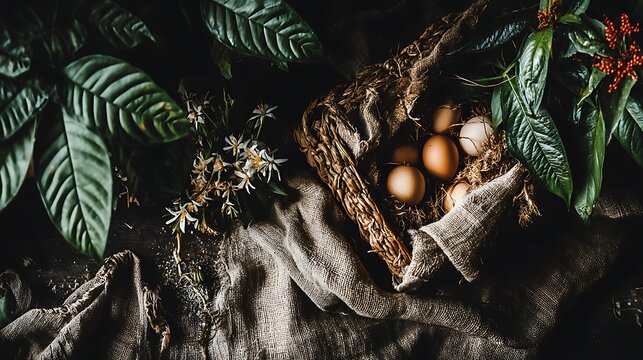 Eggs in Basket with Tropical Plants. - Powered by Adobe