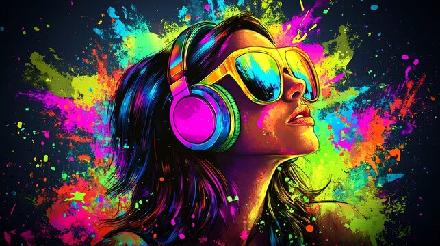 Woman listens to music, colorful splashes background