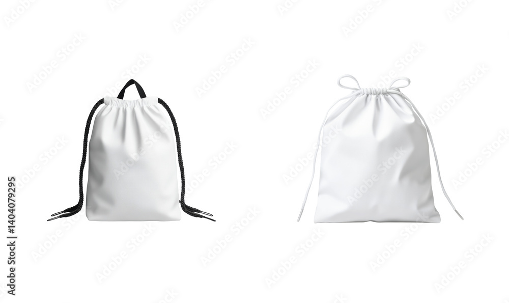 Poster white drawstring bags displayed in a row with black and white string variations 3d
