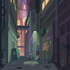 ​A neon-lit alleyway in a cyberpunk city, featuring graffiti-covered walls and moody lighting