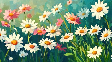 Vibrant painting of a field of daisies in various colors and shades, with green stems and leaves.