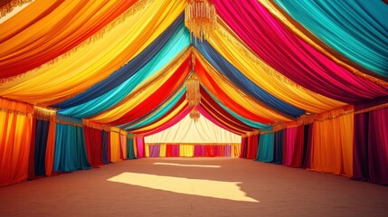 Colorful fabric draped tent interior.