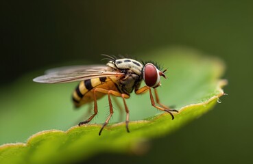 Fototapeta premium Drosophila suzukii, spotted wing drosophila, fruit fly. Close-up macro shot of insect with red eyes, tiny black stripes, yellow body resting on green leaf. Pest insect on foliage in nature.