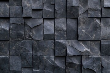 Abstract black background featuring a geometric texture with dark gray stone blocks, ideal for futuristic wallpaper or backdrop design. 3D rendering illustration showcasing modern aesthetics.