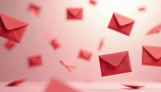 Red envelopes float against soft pink background. Symbolic communication, mail delivery, concept. Envelopes flying in air, digital mail, message, correspondence. Modern design for marketing,
