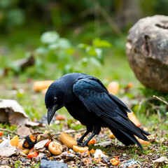 Raven scavenges human trash for food