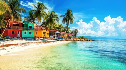 Colorful beach houses on a tropical island with palm trees and turquoise water.