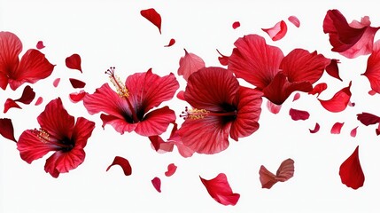 rich red hibiscus petals falling gently, vibrant and clear, isolated on transparent PNG background