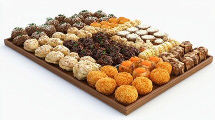 A vibrant assortment of assorted pastries and sweets arranged neatly on a wooden platter