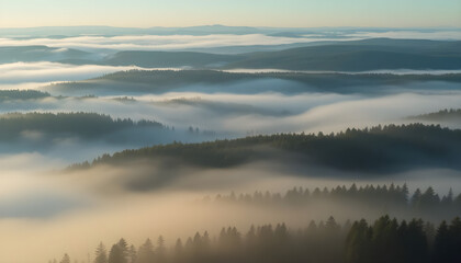 Obraz premium view of a forest covered in fog