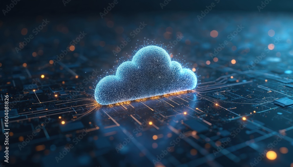 Poster Futuristic tech concept cloud computing data processing system on circuit board background. Digital data storage, global network connections, cyberspace security, business tech.