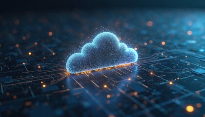 Futuristic tech concept cloud computing data processing system on circuit board background. Digital data storage, global network connections, cyberspace security, business tech.