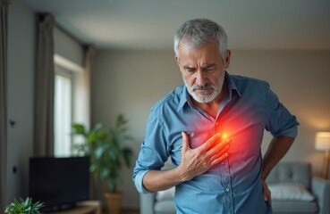 Older man experiencing chest pain. Symptoms of heart attack, angina pectoris. Concept of healthcare, cardiology. Senior feeling discomfort, touching chest, red glow pain. Health insurance concept.