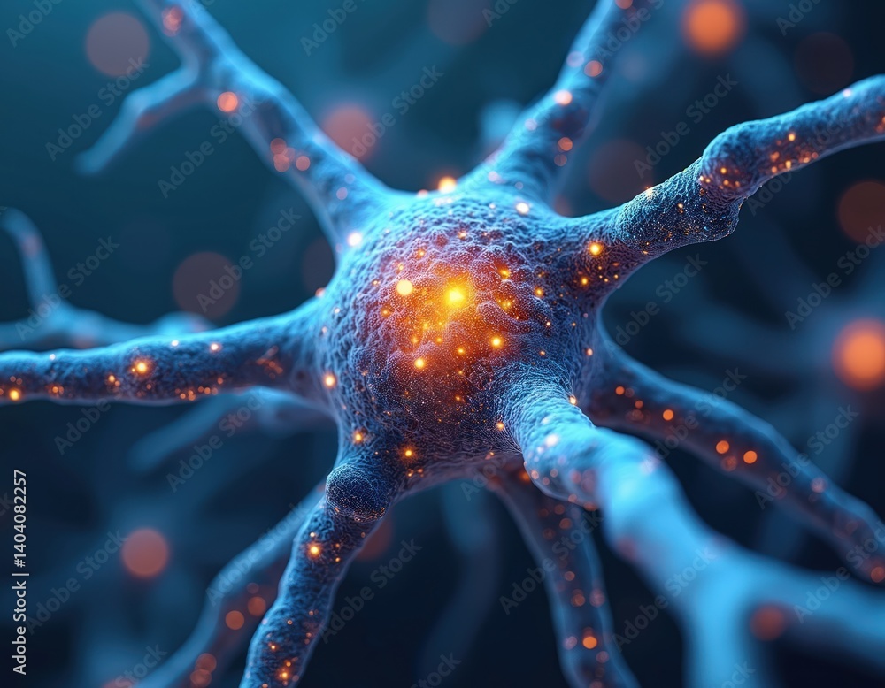 Poster detailed illustration of neuron, intricate structure, glowing neural connections. neural pathways, n