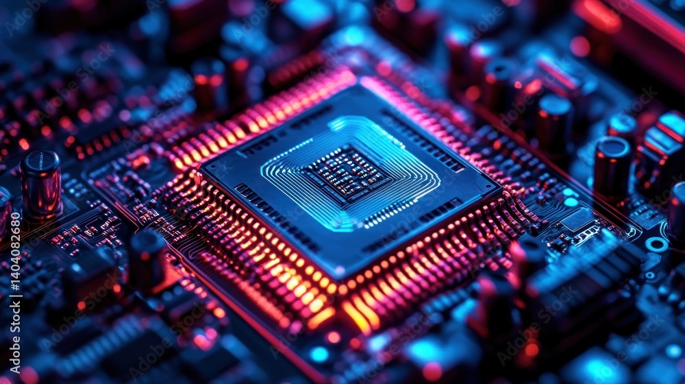 Poster close-up of a vibrant, illuminated microprocessor on a circuit board. detailed components and intric