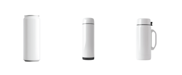 Collection of modern white thermos bottles 