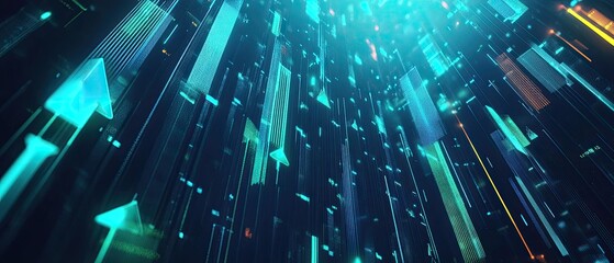 Obraz premium Abstract digital background with neon arrows pointing upwards, glowing lines and particles.