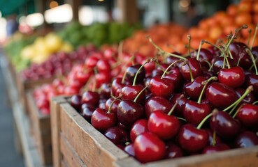 Fresh cherries display market stand. Ripe, red fruit with green stems in wooden crates. Grocery store, farmer market scene offers sweet seasonal produce for sale.