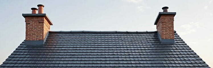 Fragment house roof with chimneys. Brick chimneys with caps, dark grey tiles, modern design. Residential building, new construction, real estate. Urban exterior, architecture, home improvement.