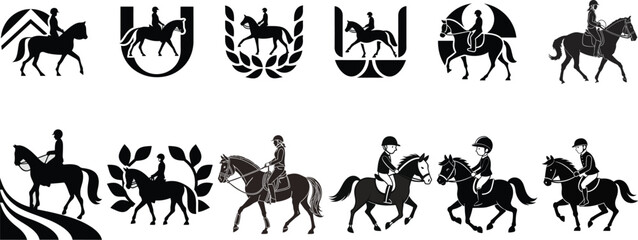Equestrian Rider Silhouette Vector Set – Horseback Riding Clipart Geometric Styl Horse Logos and Design