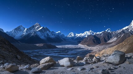 Obraz premium Majestic himalayan mountain range under a starlit night sky snow view cold dark blue gray high wild