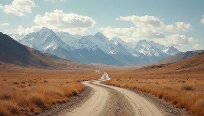 Fototapeta premium Scenic view of winding road through autumn steppe leading to mountains with snow-capped peaks. Landscape bathed in warm sunlight, creating beautiful natural environment, evoking sense of tranquility,