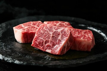 Close-up of Wagyu Beef Cubes on Dark Plate for Gourmet Cooking