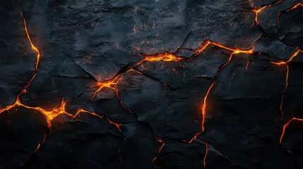 Dark stone texture featuring glowing cracks and veins of molten fire, set against a lava background. Black rock surface with an orange glow on a dark grunge wall.
