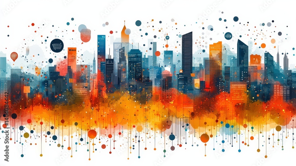 Poster vibrant city skyline illustration with colorful splashes and abstract patterns in the background