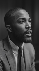 Obraz premium A Black male corporate lawyer passionately presents his argument in a London courtroom, showcasing his professional demeanor and focus