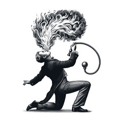 Engraved sketch of a fire breather mid-performance with flames  