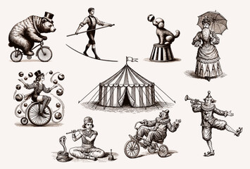 Set of Vintage Circus Illustrations in Engraving Style  