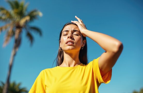 Young woman suffers heatstroke, sunstroke during hot summer weather. Person holds hand on head, feeling unwell. Headache, dehydration. Tropical climate, vacation, health problems.